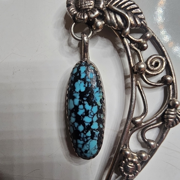 AMAZING Sterling Turquoise Dangle Floral Botanical Pendent .925 Silver Chain - Picture 5 of 10